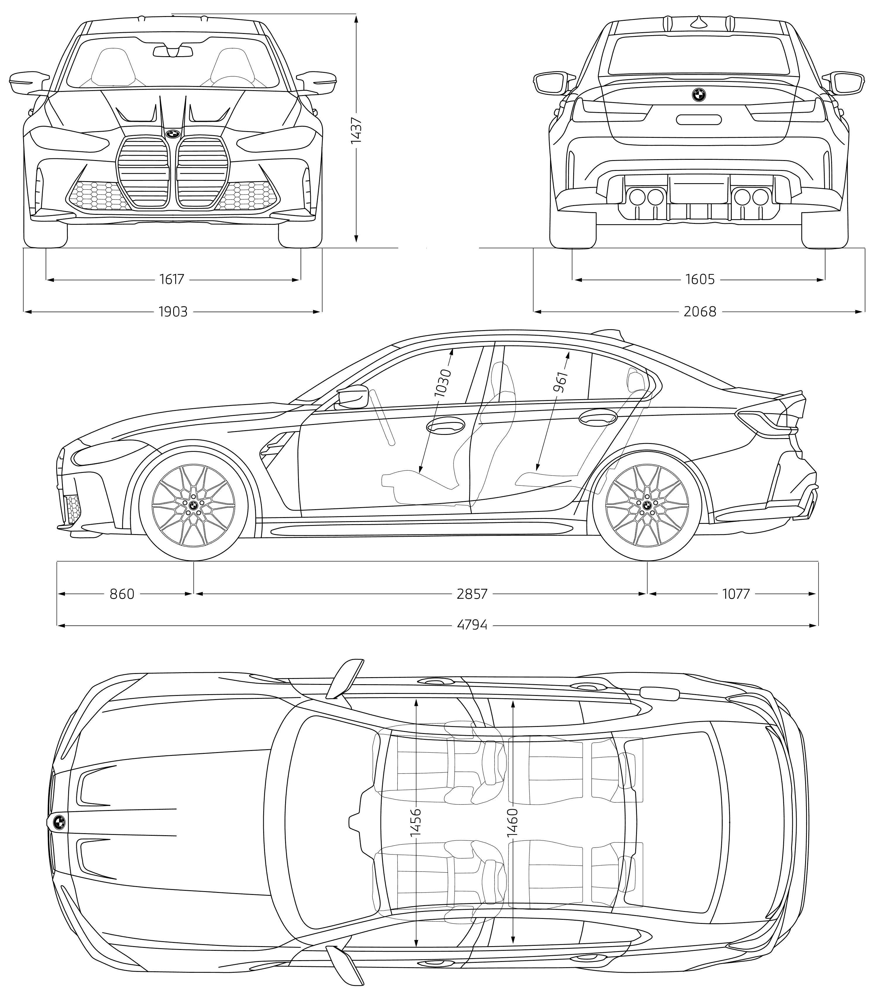 BMW M3 Competition 2020 Blueprint Download free blueprint for 3D modeling