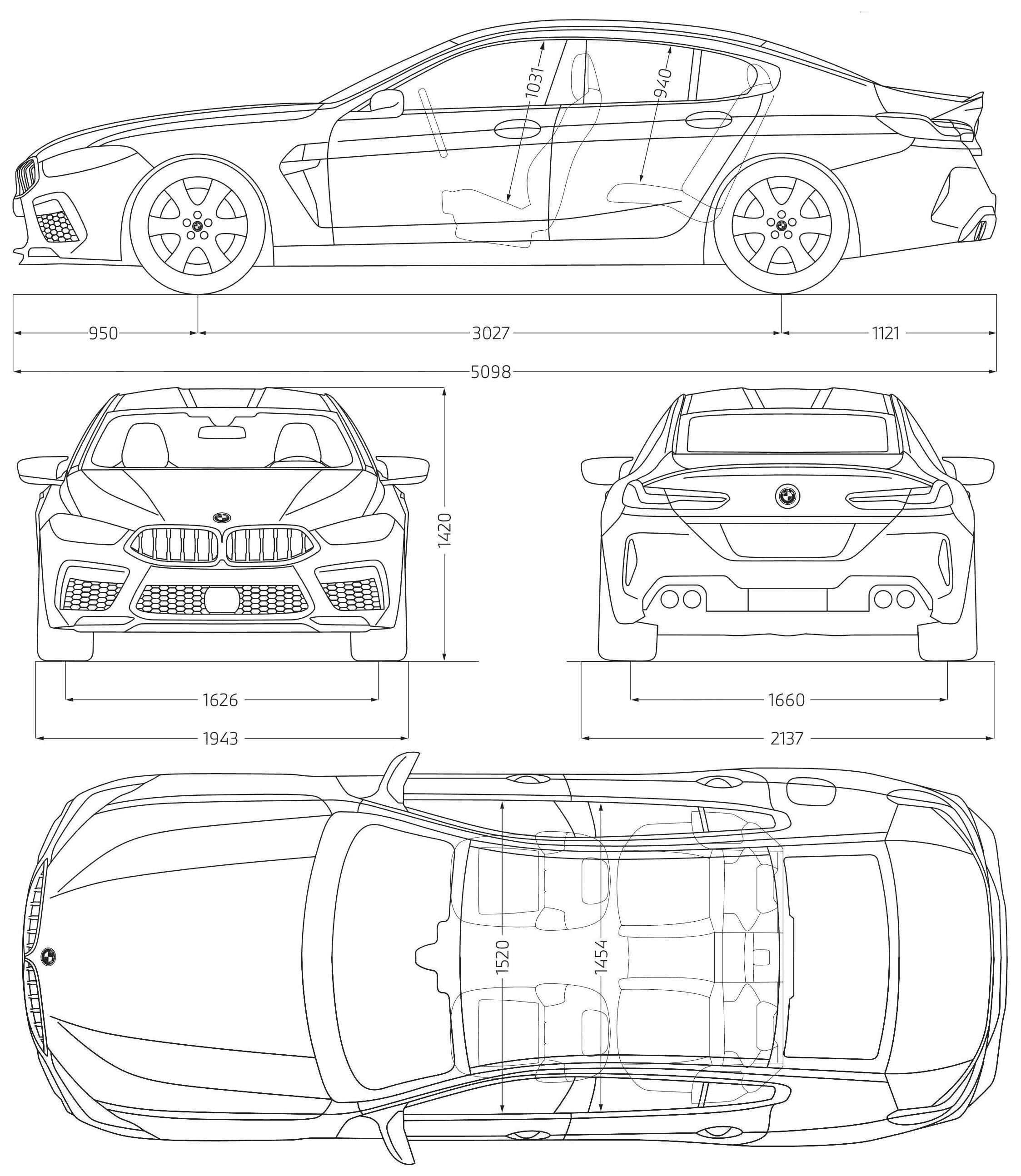 BMW M8 Gran Coupe 2020 Blueprint Download free blueprint for 3D modeling